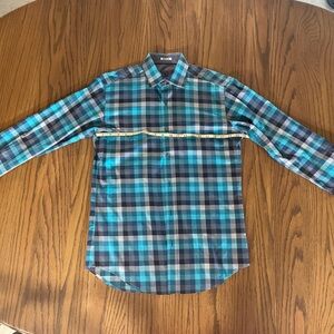 Bugatchi Men's Blue and Black Checkered Shirt